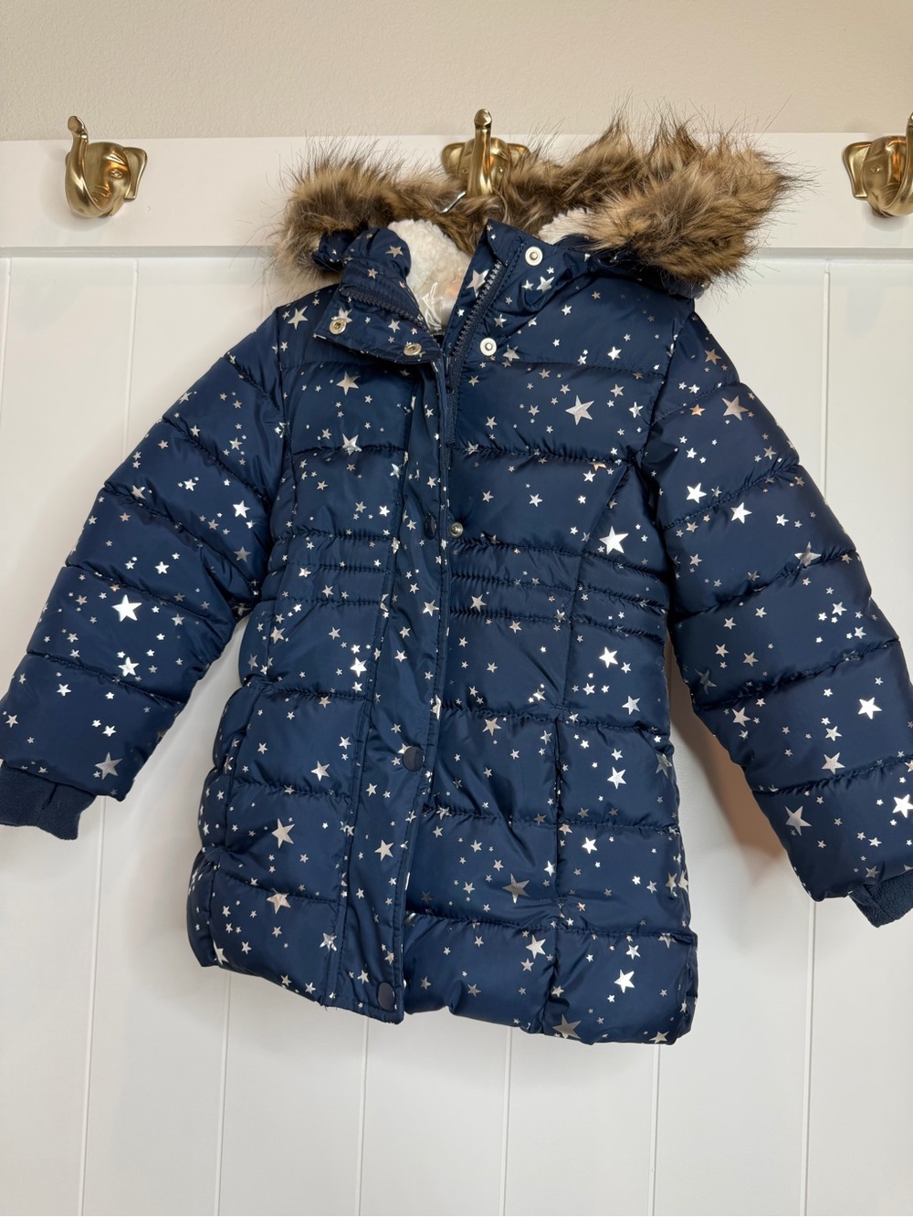 Girls' Navy Star-Print Hooded Puffer Coat with Faux-Fur Trim